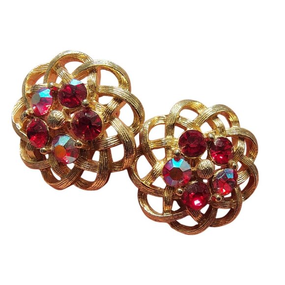 Vintage Lisner Screwback Earrings, Pink Opalescent Rhinestone Elegant Gold Tone - Picture 1 of 3